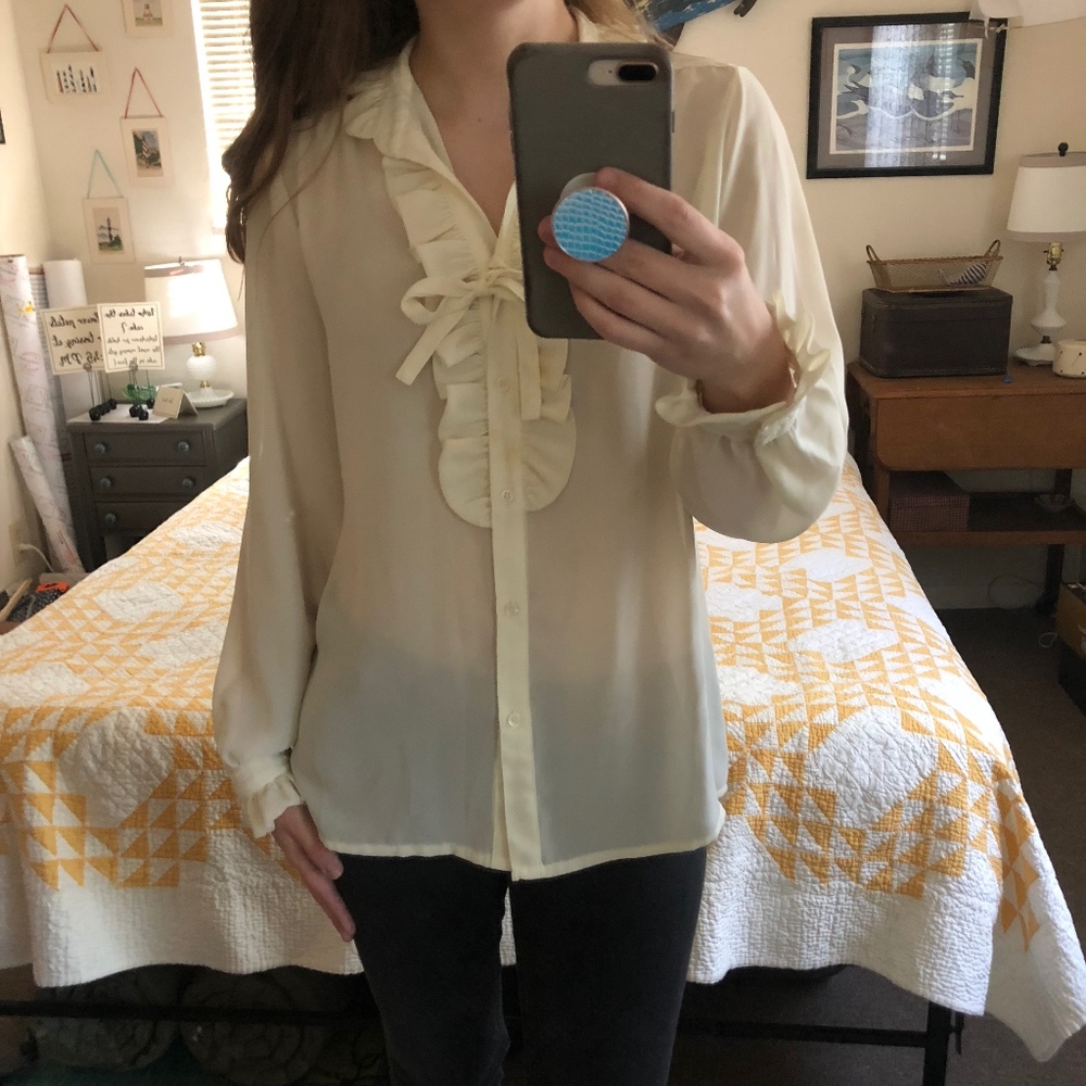 Tan F Jay Ruffled Collar Sheer Blouse